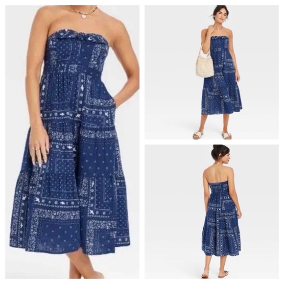 Universal Thread Dresses & Skirts - Universal Thread bandana print strapless midi dress blue white vacation small
